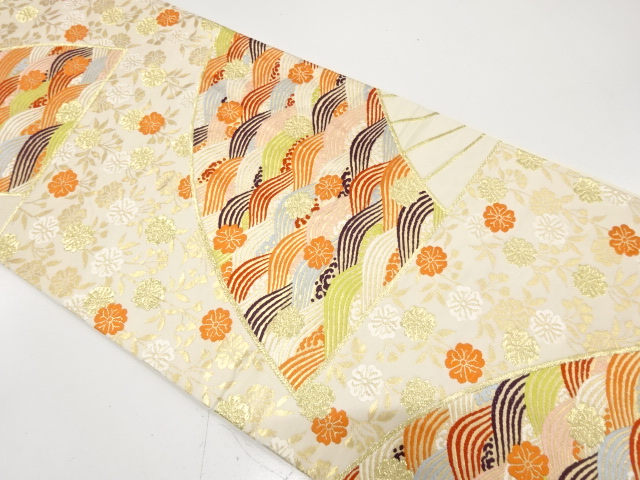 扇に荒波・枝垂れ桜模様織り出し　袋帯